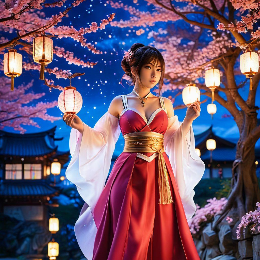 A captivating scene featuring a seductive anime character in a whimsical, fantasy landscape filled with alluring elements like cherry blossoms and glowing lanterns. The character, embodying confidence and charm, is dressed in a stylish, provocative outfit that accentuates allure, with playful expressions that invite curiosity. Surrounding her are magical artifacts and hints of intricate storylines, creating an atmosphere rich in temptation and imagination. The color palette should be vibrant and enchanting, drawing viewers into a world of fantasy and desire. super-realistic. vibrant colors. fantasy art.