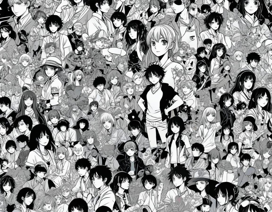 A captivating collage featuring an array of anime characters in various art styles, blending playful and mature themes. Showcase a journey from playful, vivid hentai-inspired art merging into intricate graphic novel illustrations, with contrasting colors and textures. Include elements like a manga panel, comic book lettering, and subtle hints of adult themes, while maintaining an artistic allure. The background should flow smoothly from vibrant to monochrome, symbolizing the transition. super-realistic. vibrant colors. dynamic composition.