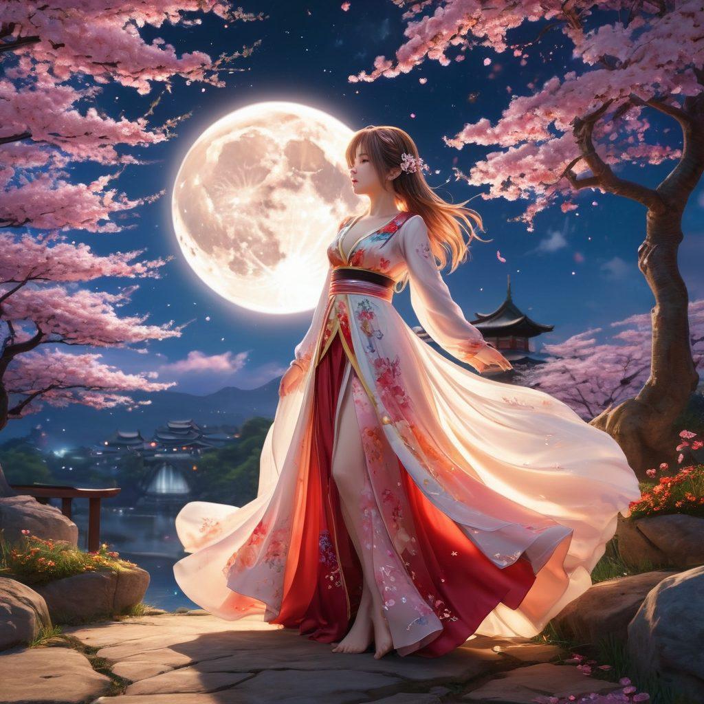 A captivating scene showcasing an ethereal anime character with vibrant colors, draped in intricate, flowing fabrics. The background features a dreamy, whimsical landscape with fantastical elements like cherry blossom trees and a glowing moon. Subtle hints of sensuality and allure are woven into the character's pose and expression. This composition balances seduction with artistic elegance, inviting viewers into a world of anime erotica. super-realistic. vibrant colors. 3D.